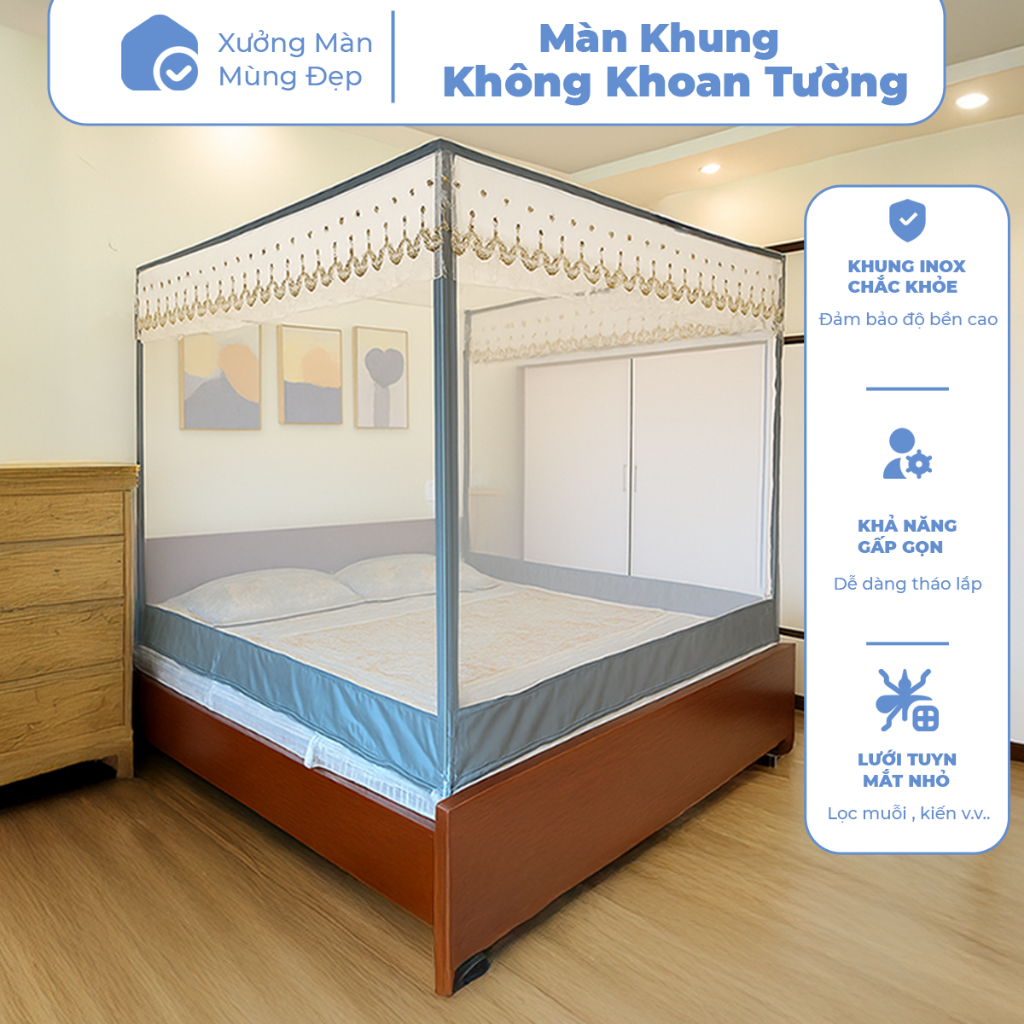[Màn Khung Không Khoan Tường] Mùng Chụp Thông Minh Khung Vuông Xếp Gọn Chống Muỗi Người Lớn Trẻ Em