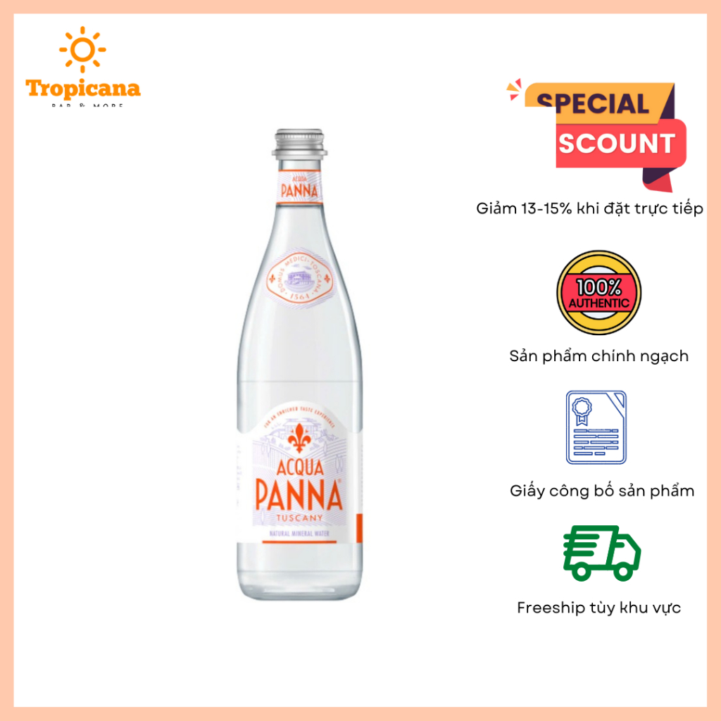Nước Khoáng Thiên Nhiên Không Ga, Natural Mineral Water, Glass Bottles  (ACQUA PANNA) - 750ML