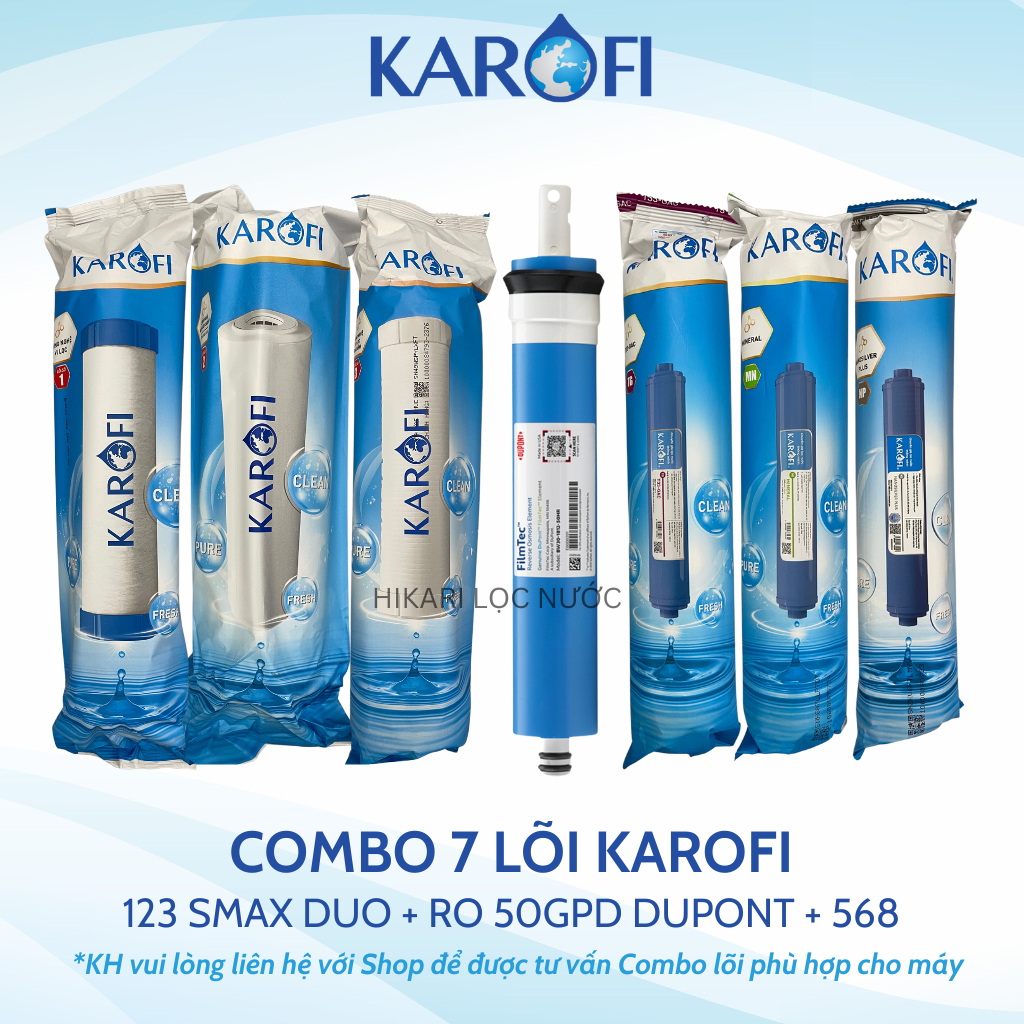 Combo 7 Lõi Lọc Karofi Gồm Lõi 123 Smax Duo - Màng RO50GPD Dupont Mỹ - 3 Lõi Chức Năng T33, Mineral,