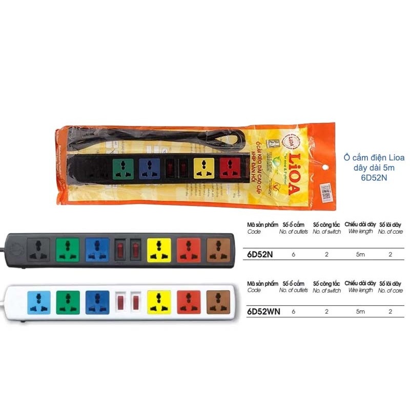 [LIOA CHÍNH HÃNG] Ổ cắm điện LIOA 6 lỗ 3 chấu 2 c.tắc 5 mét có nắp che 6D52N
