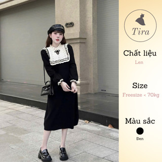  Váy bầu công sở TIRA MAMA V1648 Váy khuy tàu phối cổ bèo trắng phong cách tiểu thư sang chảnh 