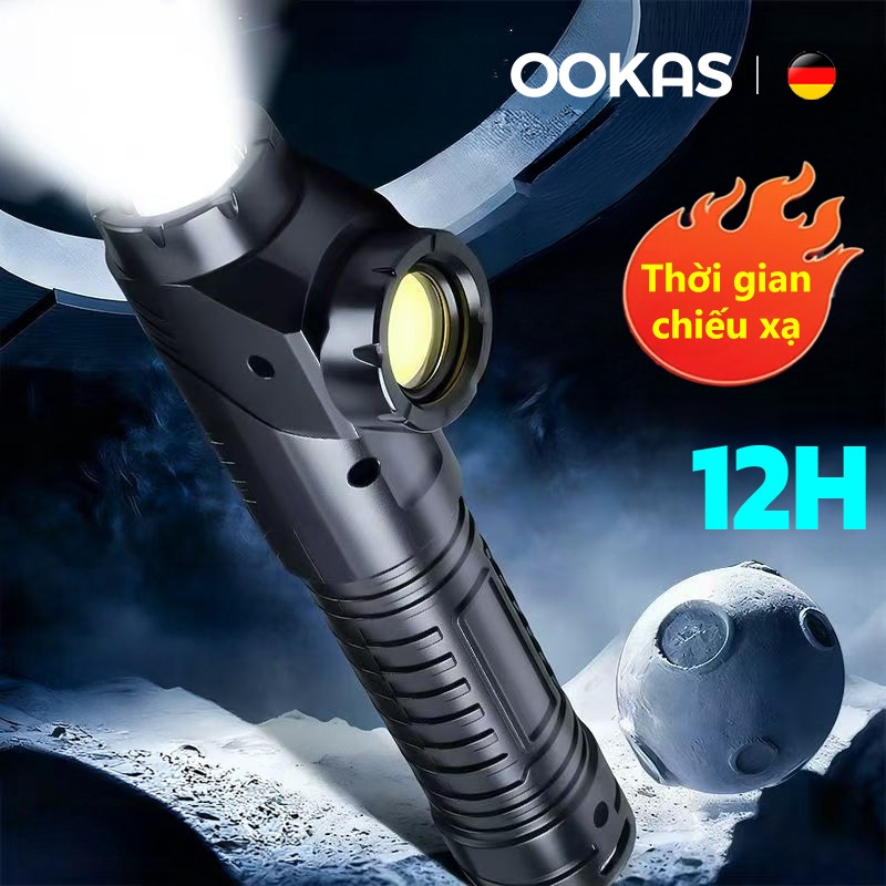 OOKAS Đèn pin cầm tay siêu sáng , Bấc đèn nhập khẩu Type-C sạc USB Nặng pin trâu