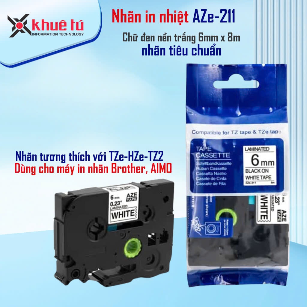 Nhãn in AZe-211 [6mm x 8m] Tương thích với nhãn Brother TZe-211 (Dùng cho PT-E110/ PT-E300/D210/ E10