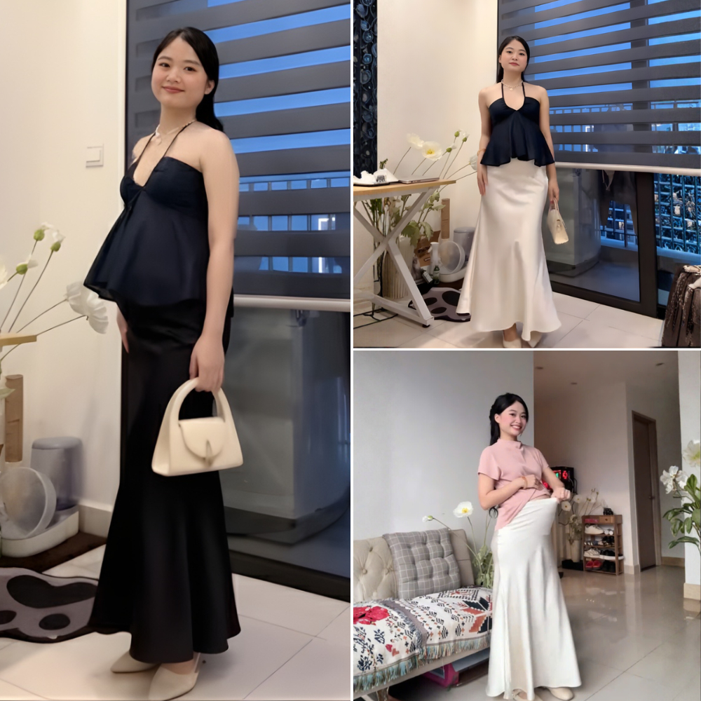 Chân Váy Lụa Bầu Dáng Dài Đuôi Cá Belles Lụa Tô Châu Cao Cấp Dày Mát Có Đáp Bụng Chun Điều Chỉnh Bigsize CV24