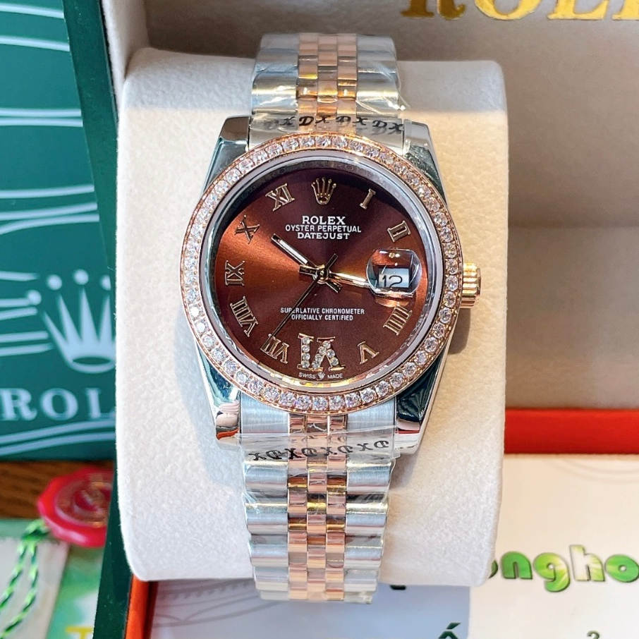 Đồng Hồ Unisex Ro Lex Datejust Máy Pin Dây Kim Loại Demi Rose Mặt Nâu Số La Mã Size 36mm - Viền Đá