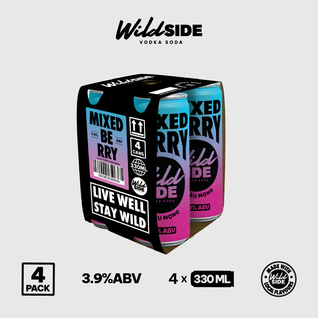 Wildside Vodka Soda Vị Dâu Mọng | Lốc 4 Lon x 330ml – Độ cồn 3.9%  – Đồ uống có cồn nhẹ
