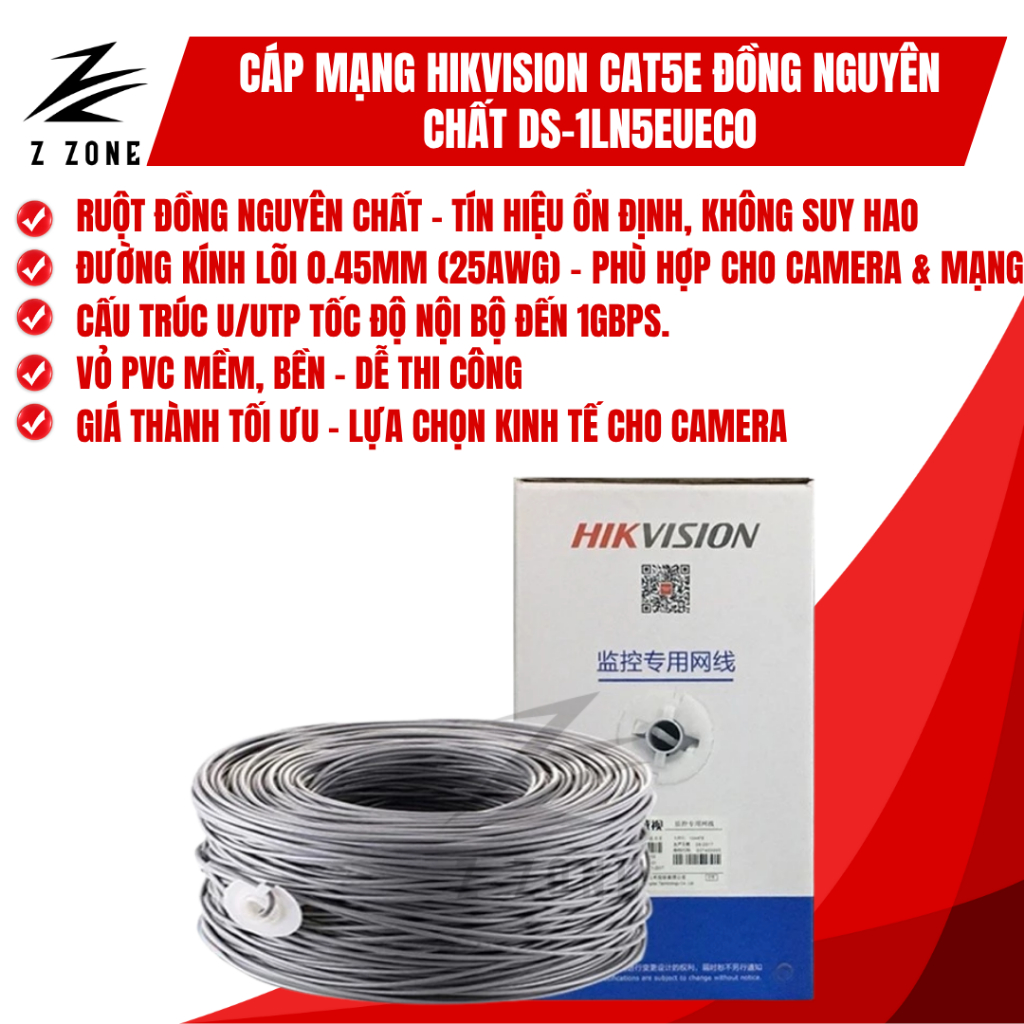 Dây cáp mạng Cat5e Hikvision DS-1LN5EUEC0 - Dây 8 Lõi Đồng - Chuyên Camera POE