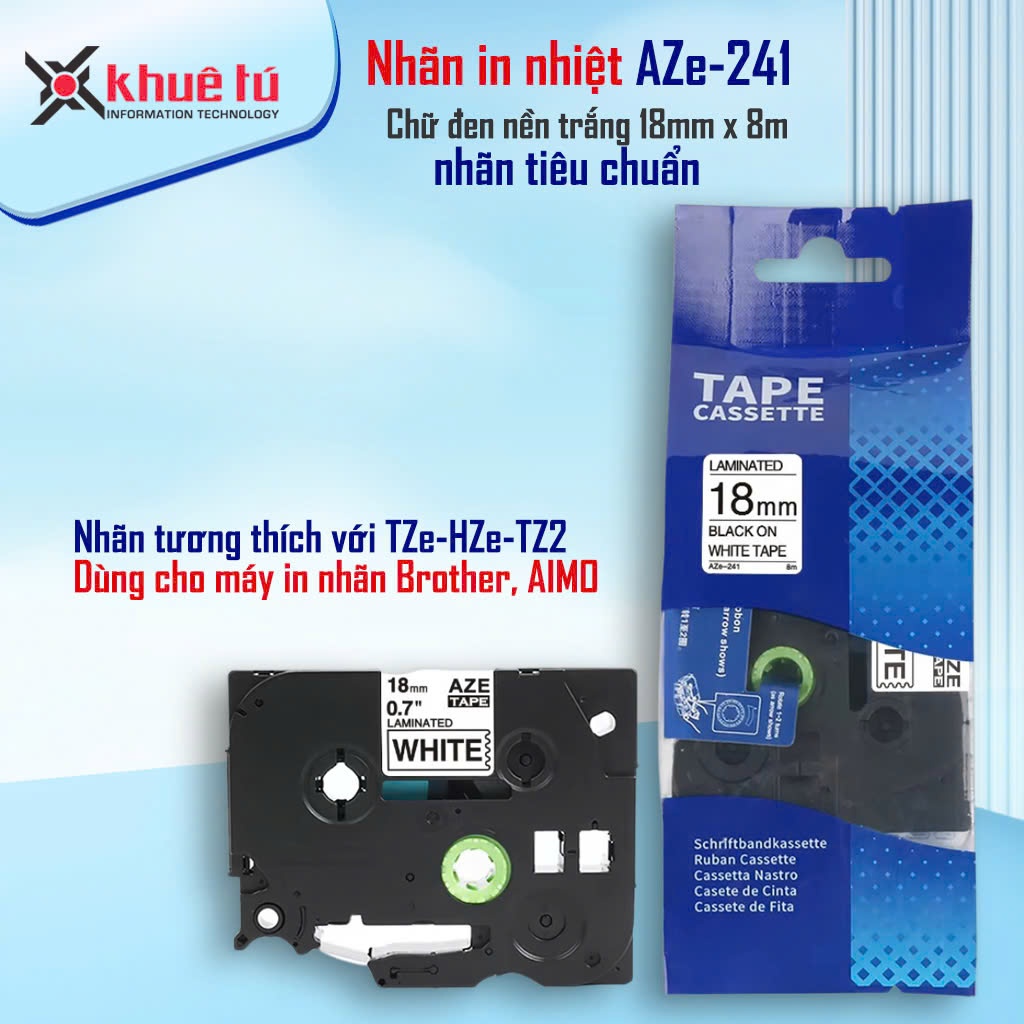 Nhãn in AZe-241 [18mm x 8m] Tương thích với nhãn Brother TZe-241 (Dùng cho PT-E110/ PT-E300/D210/ E1