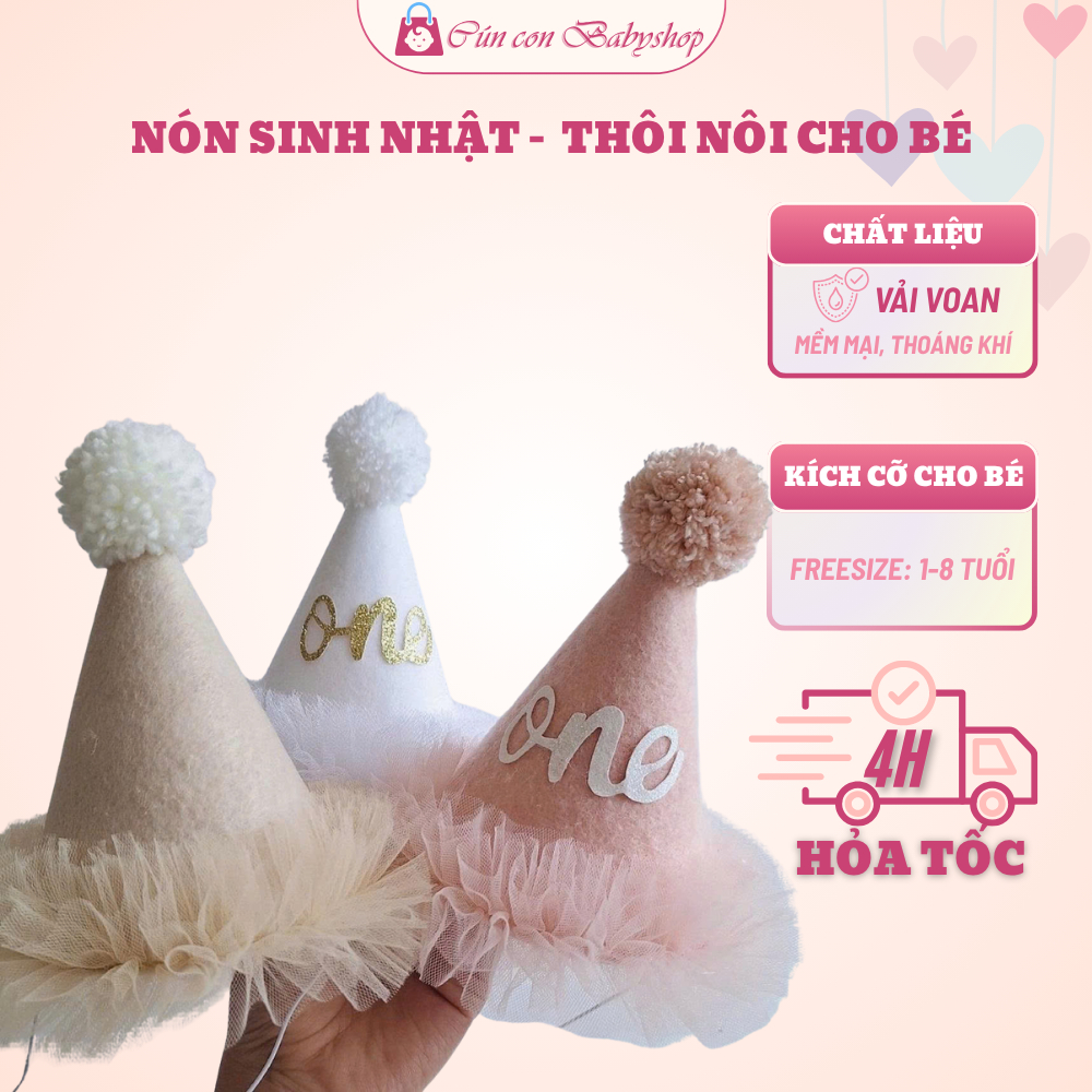 Mũ lúp sinh nhật 1 tuổi cho bé, mũ thôi nôi lông xoè dễ thương chụp ảnh tiệc bé yêu – Cunconbabyshop