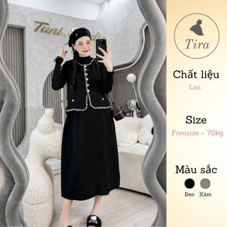  Set váy bầu đi tiệc TIRA MAMA M385 Set váy len dài tay dáng xòe kèm áo gile khuy ngọc viền thừng 