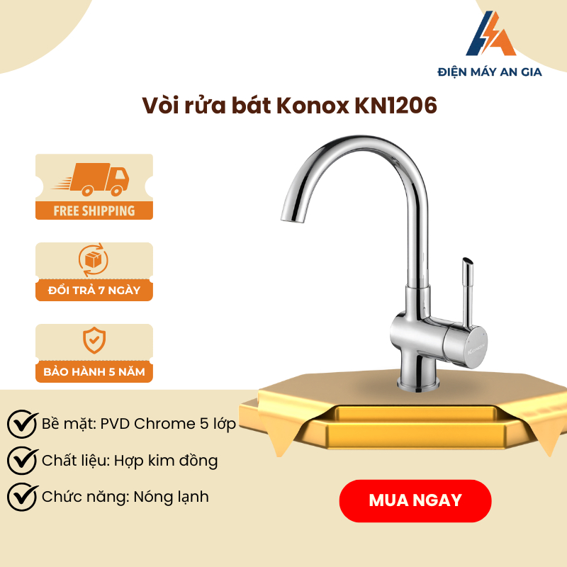 Vòi Rửa Bát Konox KN1206 – Bề Mặt PVD 5 Lớp – Thiết Kế Bo Tròn, Đầu Vòi Cong – PEB