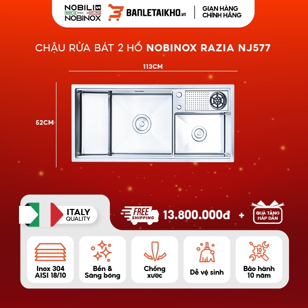 Chậu rửa bát 2 hố Inox 304 NOBINOX RAZIA NJ577
