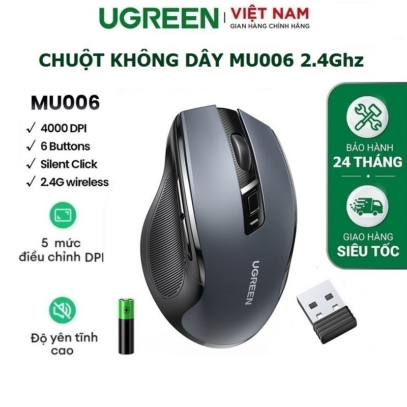 Chuột không dây 2.4G Silent Click 4000 DPI chính hãng Ugreen 90545 MU006 cao cấp - Bảo hành 24 tháng