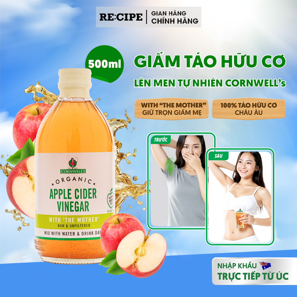 Giấm Táo Hữu Cơ Cao Cấp Cornwell’s - Dấm Táo Lên Men Tự Nhiên Vị Thanh Dịu Hỗ Trợ Giảm Cân 500ml