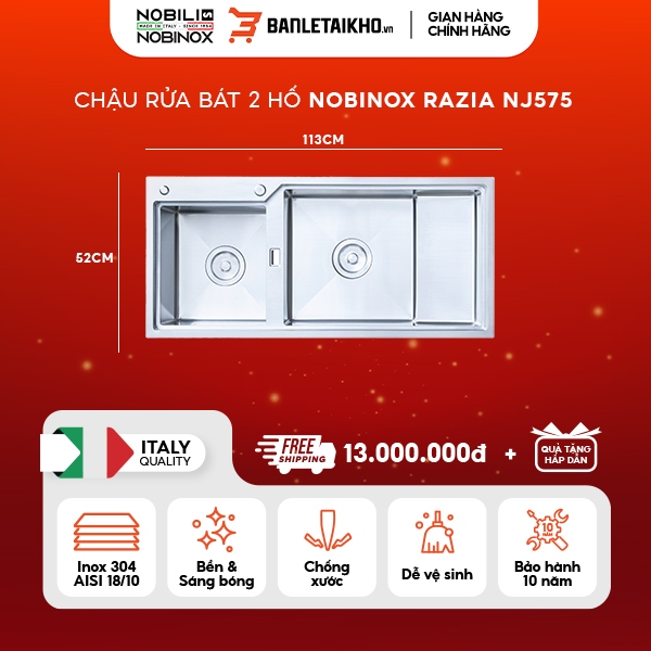 Chậu rửa bát 2 hố Inox 304 NOBINOX RAZIA NJ575