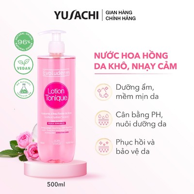 Toner cấp ẩm Evoluderm thuần chay, nước hoa hồng dưỡng ẩm, phục hồi, cân bằng da 500ml