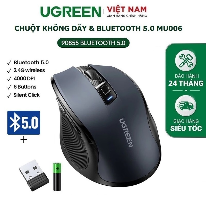 Chuột không dây 2.4Ghz Silent Click + Bluetooth 5.0 dùng cho máy tính, laptop chính hãng Ugreen 9085