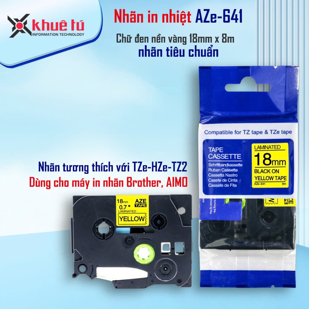 Nhãn in AZe-641 [18mm x 8m] Tương thích với nhãn Brother TZe 641 (Dùng cho PT-E110/ PT-E300/D210/ E1