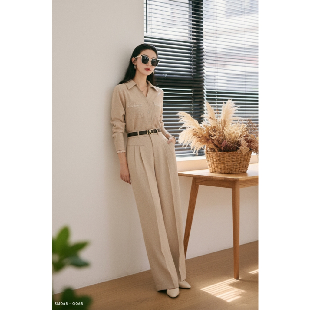 FERRÍNI Áo sơ mi be tay dài, 2 túi phối viền ren – thanh lịch công sở – SM065