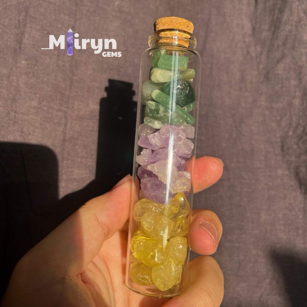 Bình đá mix - Thạch anh xanh & Mầm thạch anh tím & Thạch anh vàng