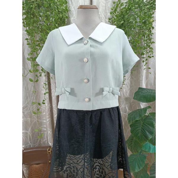 LUX W FASHION thanh lý - Áo cổ V tay cộc đính nơ bymo - SIZE XL