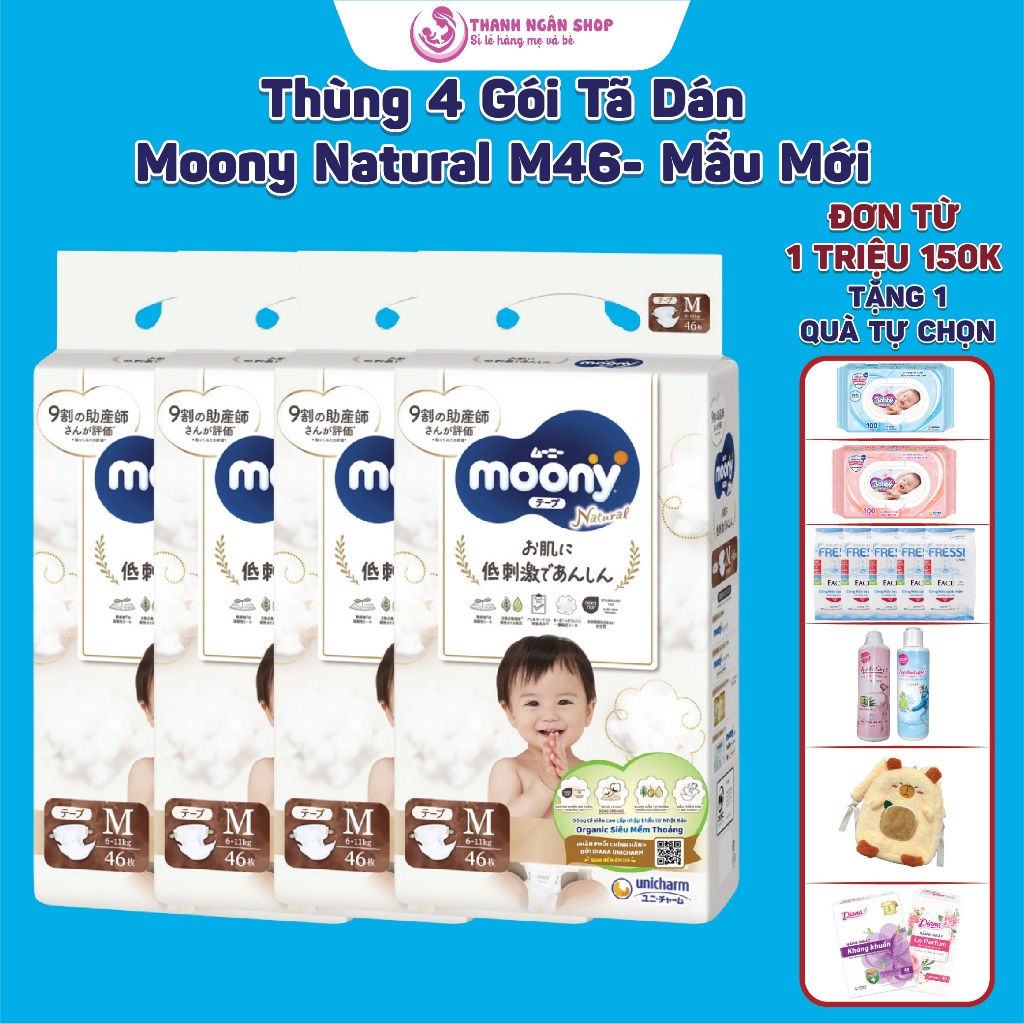 Thùng 4 Gói Tã Dán Moony Natura Size M46 - Moony Trắng - Moony Dịu Nhẹ - Moony Mẫu Mới Cho Bé 6-10 K