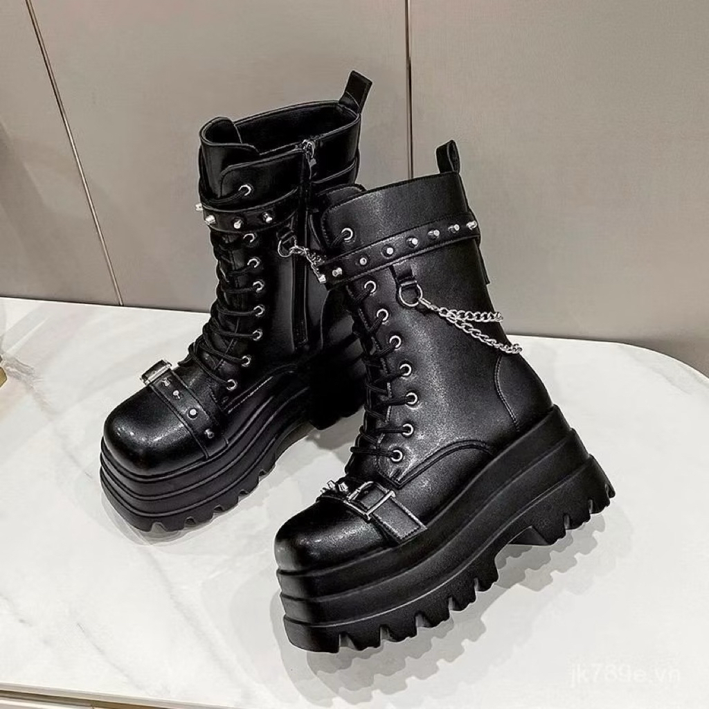 Combat Giày Boot nữ đế bằng cổ ngắn