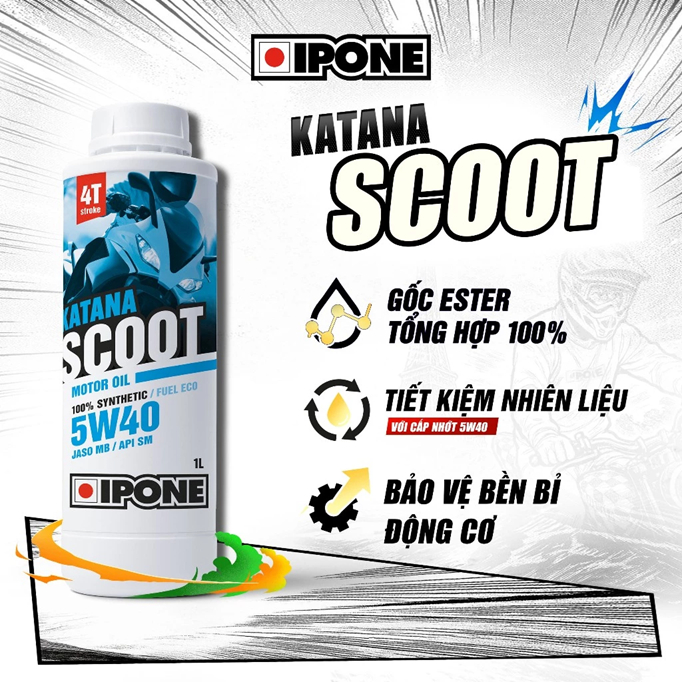 Dầu nhớt xe tay ga đời mới cao cấp IPONE Katana Scoot 5W40 - 100% Tổng hợp - 1L