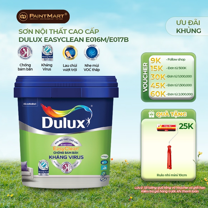 (5 LÍT) Sơn tường trong nhà DULUX EasyClean chống bám bẩn kháng Virus (Sơn nội thất)