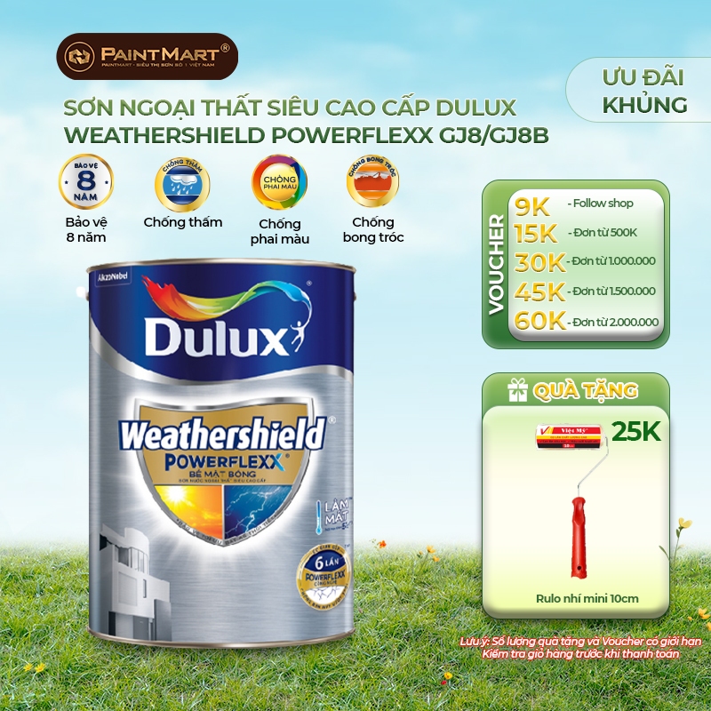 (5 LÍT) Sơn tường ngoài trời siêu cao cấp Dulux Weathershield Powerflexx chống thấm, che được các vế