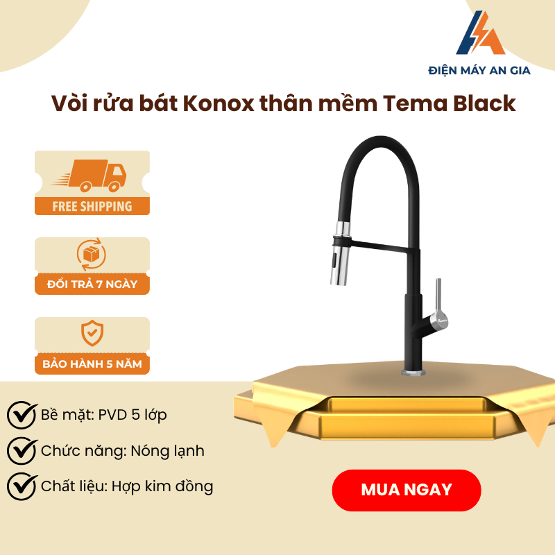 Vòi Rửa Bát Thân Mềm Konox Tema – PVD 5 Lớp – Hợp Kim Đồng - Tích hợp nóng lạnh – PEB