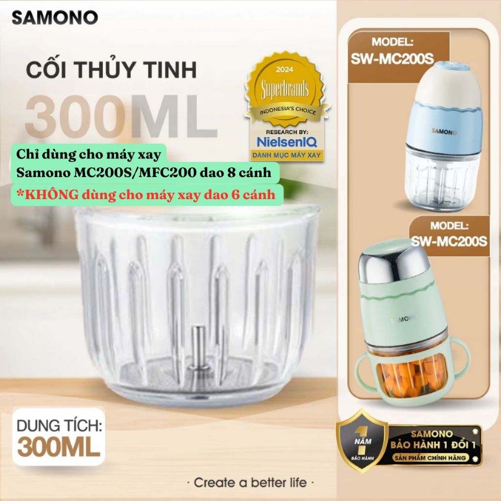 Phụ kiện thay thế máy xay Samono 0.3L, model SW-MC200S/ MFC200, cối thủy tinh và dao xay, chat để đư