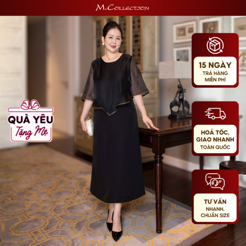 M COLLECTION | Váy Đầm Nữ Trung Niên Tặng Mẹ Phom Suông Cổ Tròn Lụa Dày Phối Choàng Tơ Hàn D13099 | BigBuy360 - bigbuy360.vn