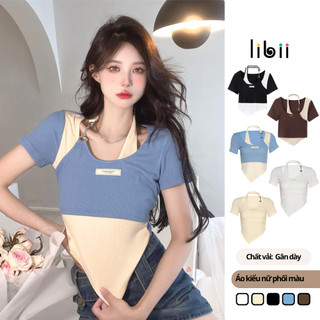 Áo croptop cổ yếm 2 lớp phối màu LIBII Áo kiểu nữ ngắn tay vạt nhọn phối khuyên vai vải dày dặn C10