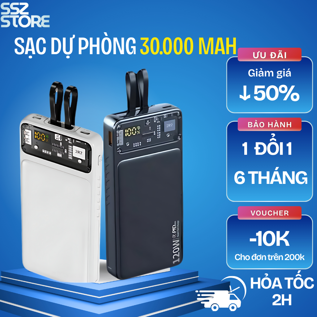 Pin Dự Phòng 30000mah, Tích Hợp 2 Dây Sạc, Sạc Siêu Nhanh, Bảo Hành 6 Tháng