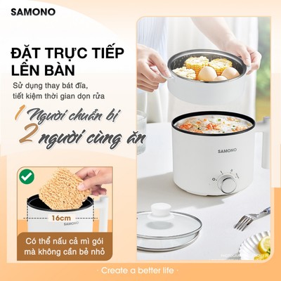 (BH 1 năm) Nồi điện đa năng dung tích 1.5L Samono SW-DG04S phủ 2 lớp chống dính, công suất 450W, kèm xửng hấp inox