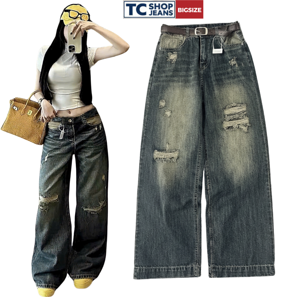Quần jean nữ ống suông rách nhẹ wash màu túi đẹp TC SHOP JEANS bigsize 55-90kg chất jean cotton MS 6