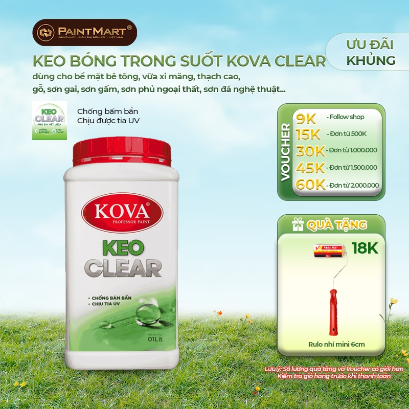 (1kg) Keo phủ bóng trong suốt KOVA Clear W dùng cho bề mặt sơn trang trí, sơn đá nghệ thuật, vân đá,