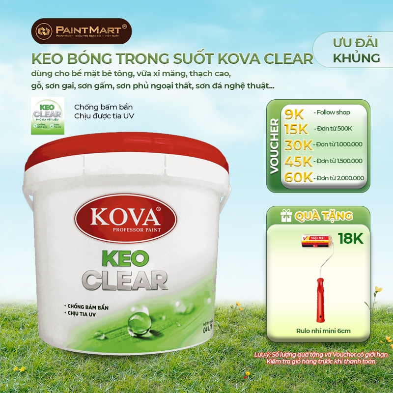 (4kg) Keo phủ bóng trong suốt KOVA Clear W dùng cho bề mặt sơn trang trí, sơn đá nghệ thuật, vân đá,