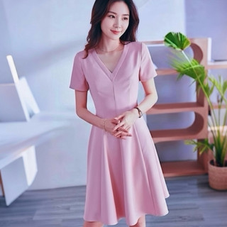 Đầm xoè, váy vintage, váy công sở màu hồng cổ V basic xuongvnxk vnxk (kèm hình thật)