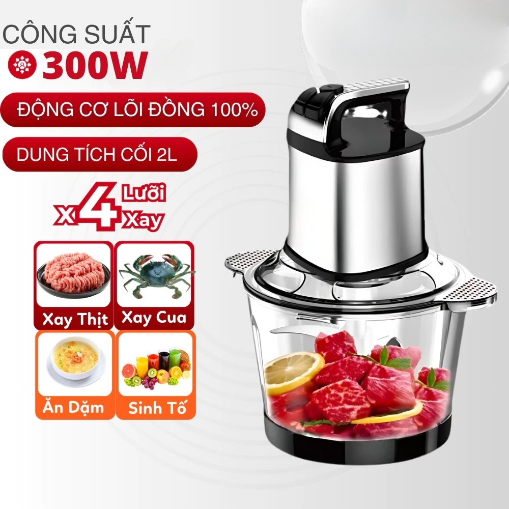 Máy xay thịt đa năng 2L MEGUN 300W 4 lưỡi dao, xay thực phẩm, cá, tỏi, ớt, combo cối thủy tinh