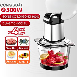 Máy xay thịt đa năng 2L MEGUN 300W 4 lưỡi dao, xay thực phẩm, cá, tỏi, ớt, combo cối thủy tinh