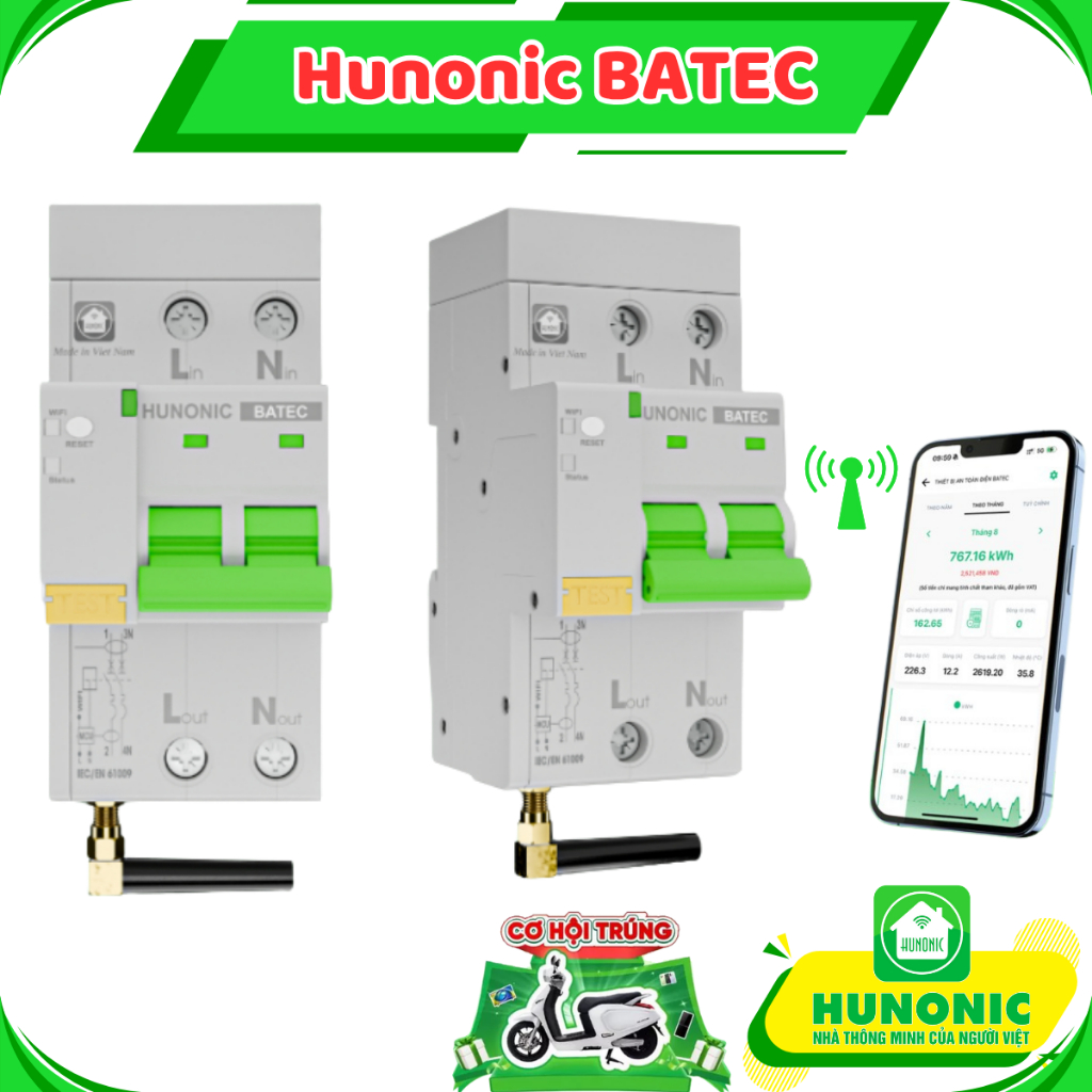 HUNONIC BATEC -Thiết Bị Bảo Vệ An Toàn Điện Thông Minh, Chống Giật – Chống Rò – Bảo Vệ Quá Tải – RTC