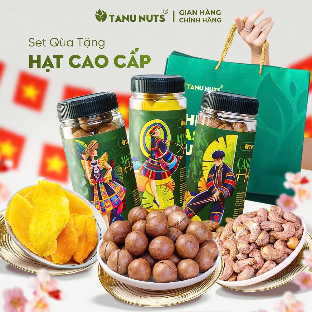 Set quà hạt 3 hũ 250g macca, hạt điều, dẻ cười, xoài sấy TANU NUTS, quà tặng các loại hạt dinh dưỡng cao cấp, sang trọng