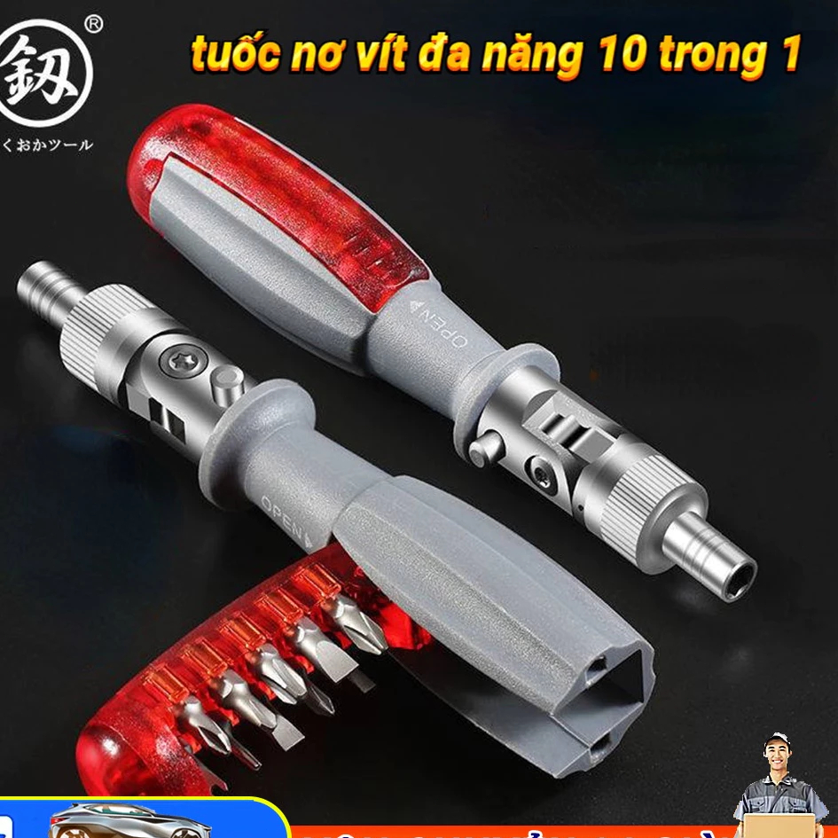 Tô vít đa năng Nhật Bản, Tua vít điện 180 độ + 10 đầu vít chuyên dụng, tuốc nơ vít đa năng