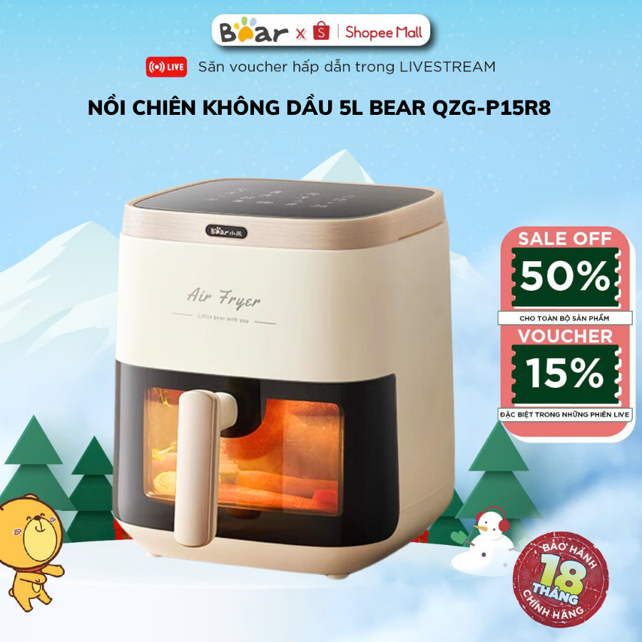 Nồi chiên không dầu 5L Bear QZG-P15R8, 1500W,  7 Menu sẵn, Mặt kính dễ dàng quan sát, BH 18 Tháng