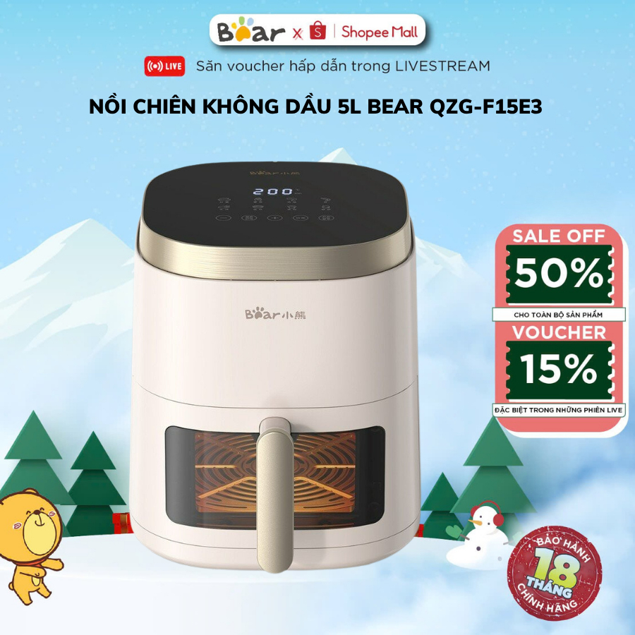 Nồi chiên không dầu Bear QZG-F15E3, Dung tích 5L, Chống dính, Menu cảm ứng,Hẹn giờ nướng BH 18 Tháng