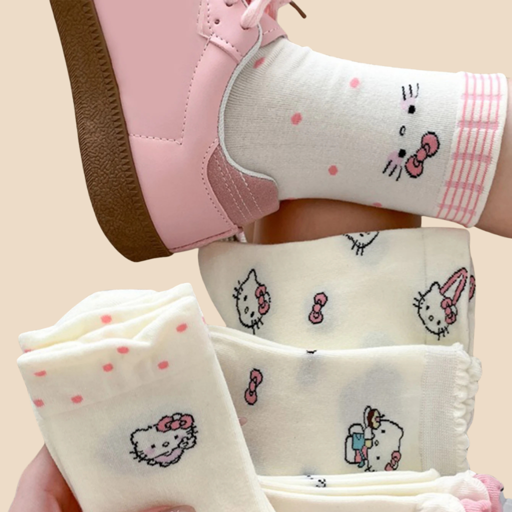 Set 5 Đôi Tất Vớ Cotton Cổ Cao Nữ Hình Hello Kitty Đáng Yêu Phong Cách Nhật Bản tt86 LILIRIA