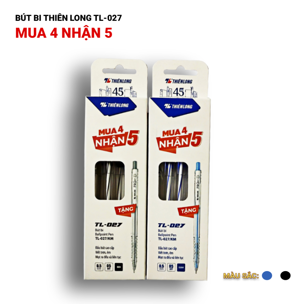 [MUA 4 NHẬN 5] Hộp 4 Bút bi Thiên Long TL-027 (Nhận thêm 1 Bút bi Pro-027) Ngòi 0.5mm - Mực Xanh, đe