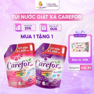  Combo 2 Túi Nước Giặt Xả Carefor Túi 3,6 Lít Hương Hoa Lan Hoa Hồng Thơm Lâu Mềm Sợi Vải 